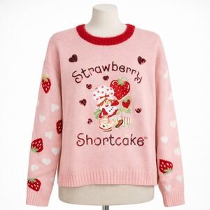Strawberry Shortcake Y2K Sequin Embroidered Sweater Size‎ XL Pink Hearts Graphic
